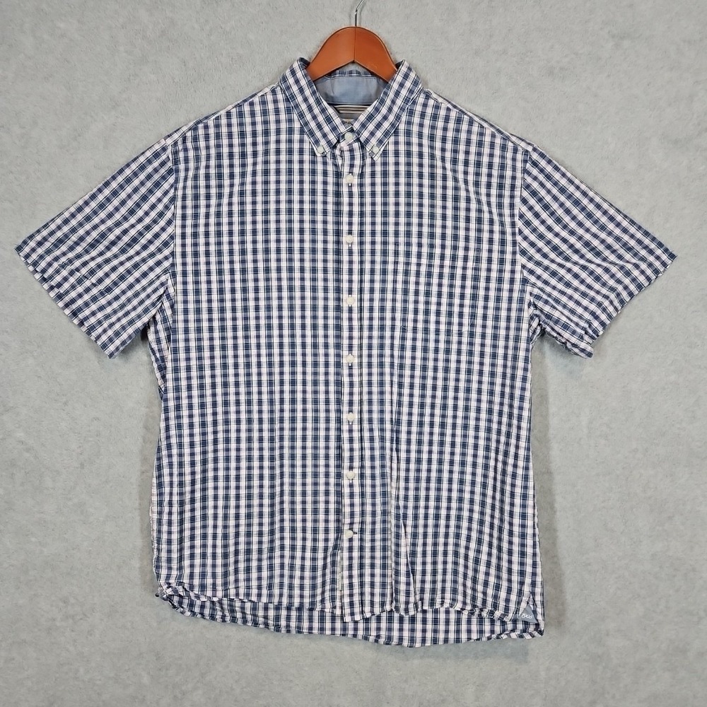Jos. A. Bank Traveler Tailored Fit XL Pink Navy White Plaid Short Sleeve Shirt